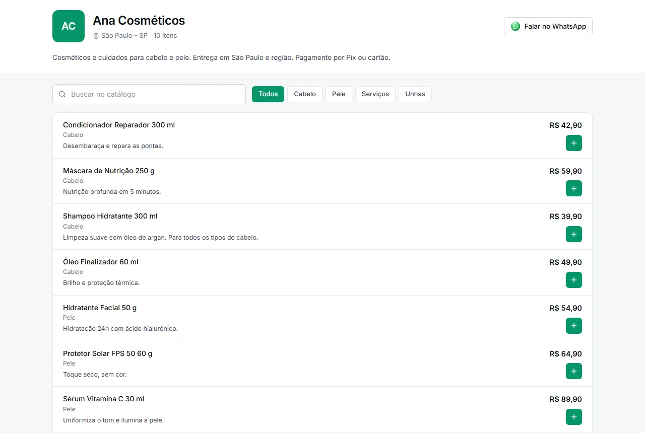 Catálogo virtual com categorias, busca e pedido pelo WhatsApp
